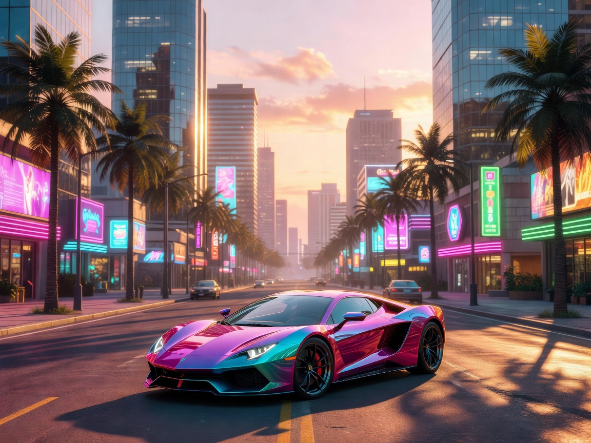 GTA VI teemainen aurinkoinen neon-kaupunkinäkymä ja urheiluauto